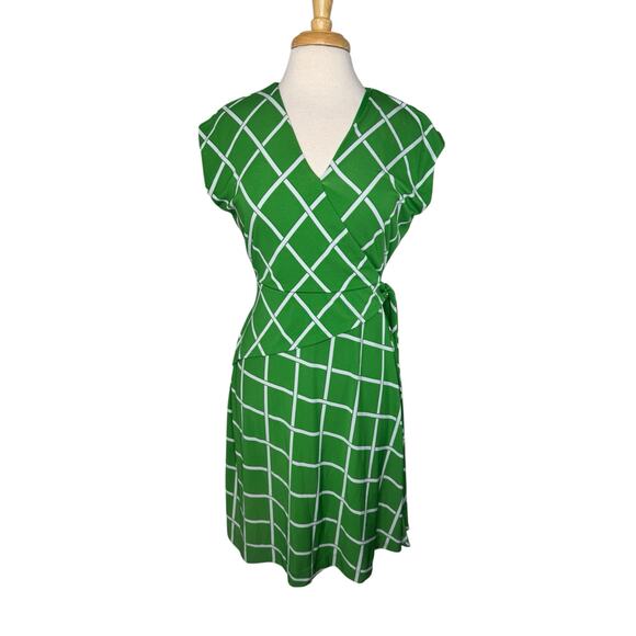 ANN TAYLOR Lattice Knit Wrap Dress Green Gray Size Small Plaid Stretch #500885 - Picture 1 of 10